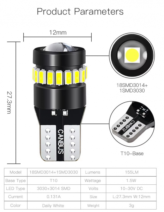Set 2 becuri LED CANBUS T10 W5W - 3030+3014 SMD, lumina alba 6000K, 12-24V [2]