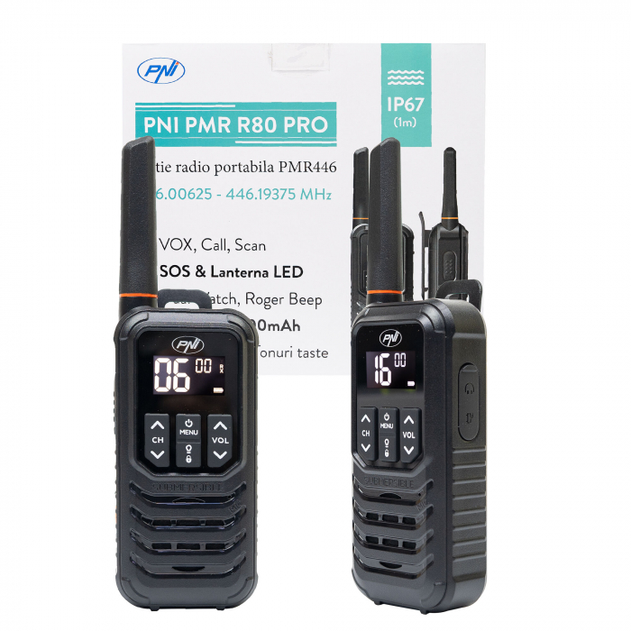 Set 2 bucati Statie radio portabila 16 canale, Waterproof IP67, cu lanterna LED, buton SOS, VOX, USB-C [2]