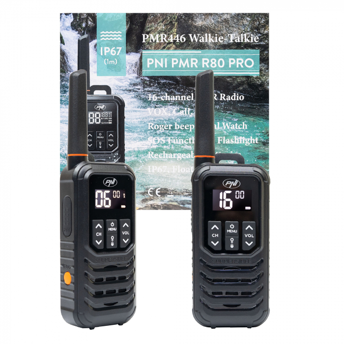 Set 2 bucati Statie radio portabila 16 canale, Waterproof IP67, cu lanterna LED, buton SOS, VOX, USB-C [1]