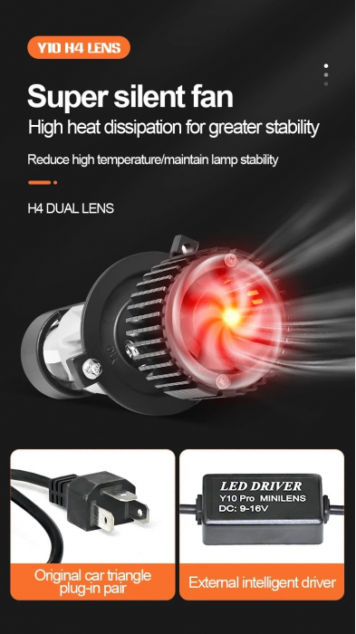 Set Becuri auto H4 LED cu lupa, Y10 , 200%, 60W 6400LM, 6000K, 360° Canbus - 12V [13]