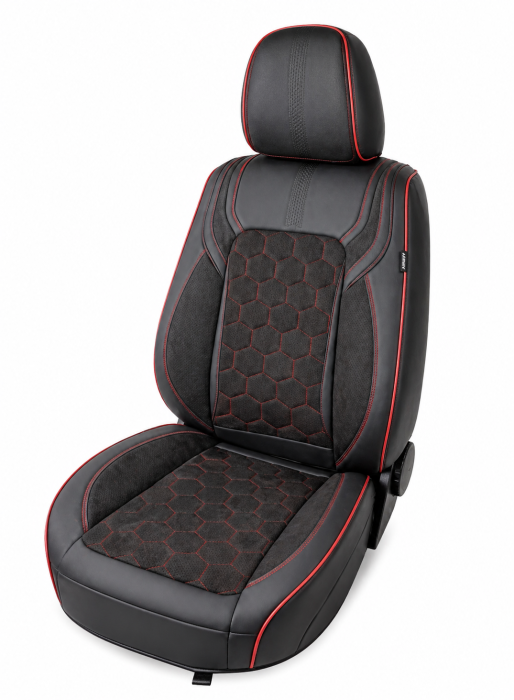Set Huse Auto universale din piele ecologica si alcantara, Negru-Rosu pentru scaunele din fata si din spate [6]