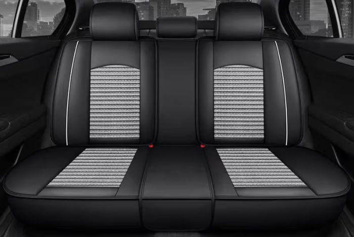 Set Huse Auto universale luxoase din piele ecologica cu material textil, negru cu contur alb pentru scaune fata si spate [4]