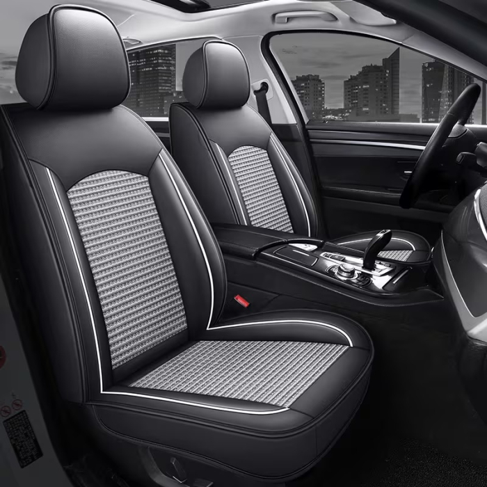 Set Huse Auto universale luxoase din piele ecologica cu material textil, negru cu contur alb pentru scaune fata si spate [3]