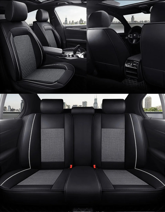 Set Huse Auto universale luxoase din piele ecologica cu material textil, negru cu contur alb pentru scaune fata si spate [2]