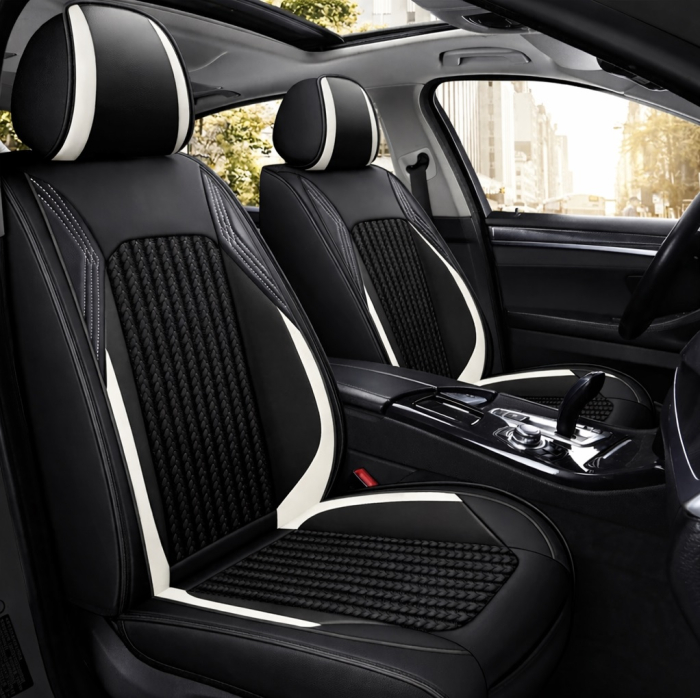 Set Huse Auto universale luxoase din piele ecologica cu material textil, negru si alb pentru scaune fata si spate [3]