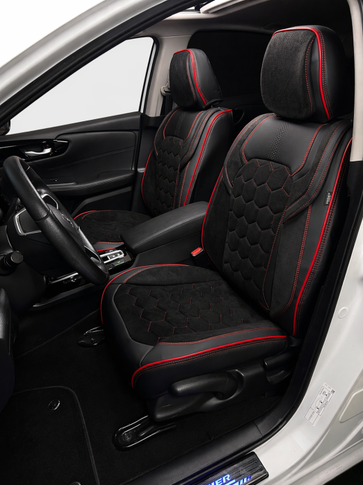 Set Huse Auto universale din piele ecologica si alcantara, Negru-Rosu pentru scaunele din fata si din spate [3]