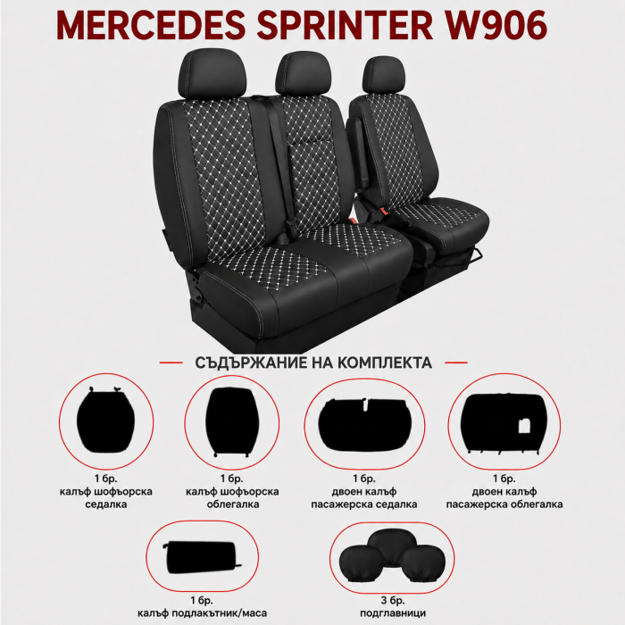 Set Huse din Piele Ecologica pentru Mercedes Sprinter W906 2006-2018 – Negru cu Cusatura Alba [2]