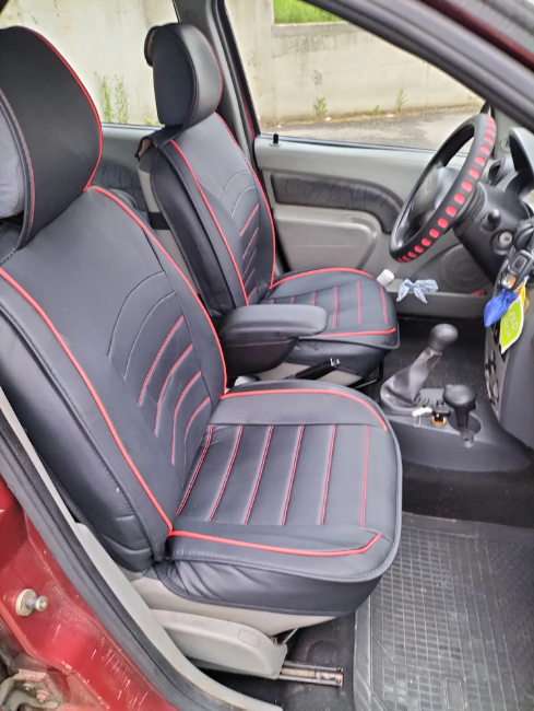 Set huse Scaune Auto Lux Piele ecologica  Dacia Logan (2004-2012) Negru/Rosu 9buc [2]
