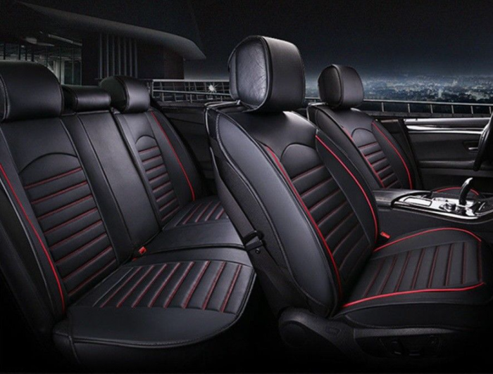 Set huse Scaune Auto Lux Piele ecologica  Volkswagen Jetta (2011-2018) Negru/Rosu 9buc [1]
