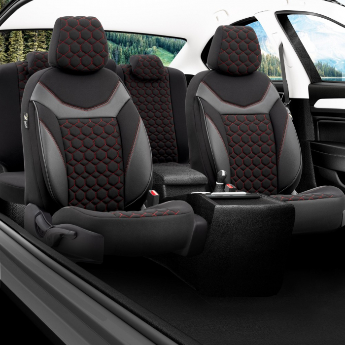 Set Huse scaune auto  VW TIGUAN 2008-2013 Piele ecologica + Textil Rosu [3]