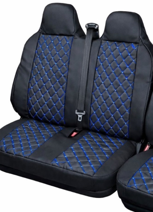 Set huse scaune piele ecologica 2+1 cu tetiera integrata – Negru cu cusatura albastra [2]