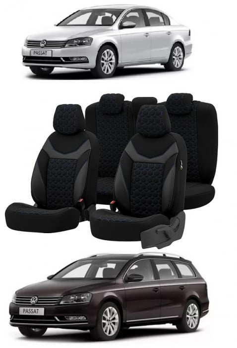 Set huse scaune piele si textil compatibile VW PASSAT B7 (2010-2015) Albastru [1]