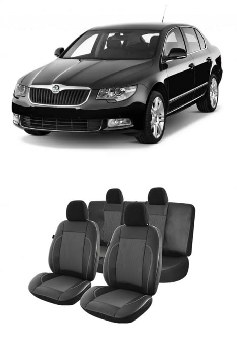 Set huse scaune piele si textil Skoda Superb (2009-2013)  Compatibile cu sistem AIRBAG [1]