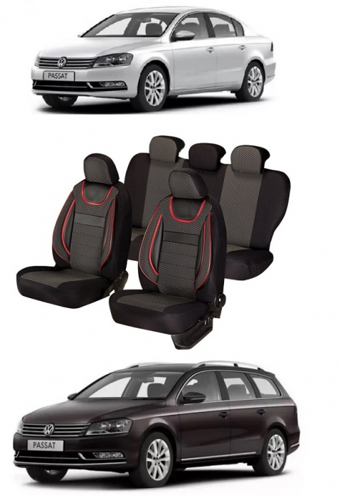 Set huse scaune piele si textil VW PASSAT B7 (2010-2015)  Negru -Rosu [1]