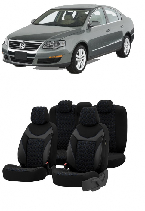 Set huse scaune SAPPHIRE compatibile VW Passat B6 (2005-2010)Piele+Textil (ALBASTRU) [1]