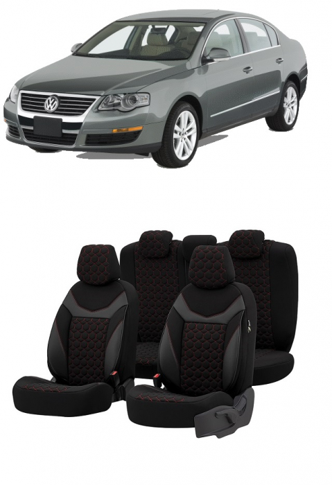 Set huse scaune SAPPHIRE compatibile VW Passat B6 (2005-2010)Piele+Textil (ROSU) [1]