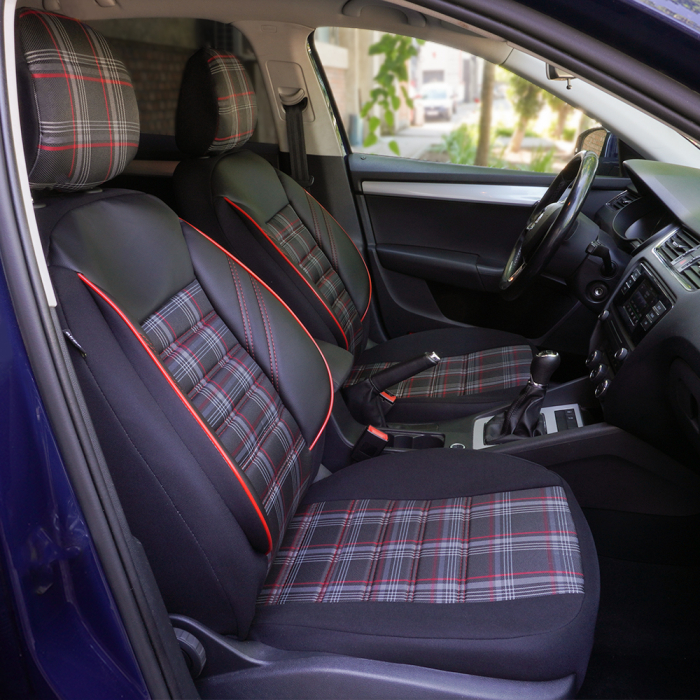 Set huse scaune textil si piele ecologica Opel Astra H Hatchback (2004-2014) Negru-Rosu [2]