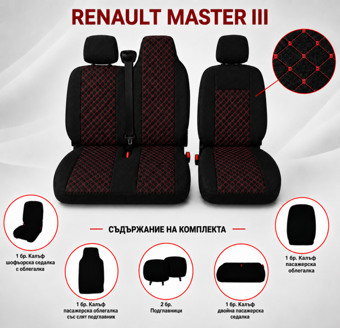 Set Huse Textile dedicate Renault Master III 2010-2019 – Negru cu Cusatura Rosie [4]