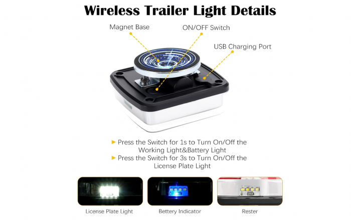 Set lampi remorca LED 12-24V cu magnet si control wireless, baterie 3.7V/2000mAh [4]