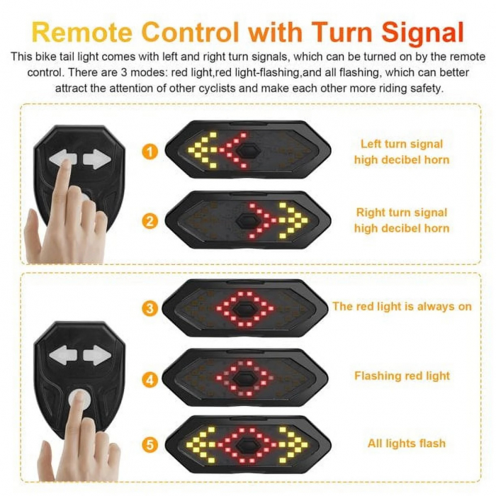 Set semnalizator Bicicleta, Incluse claxon, Incarcare USB, 5 moduri de lumina, IP65 Rezistent la Apa si Praf, Usor de Instalat - Negru [3]