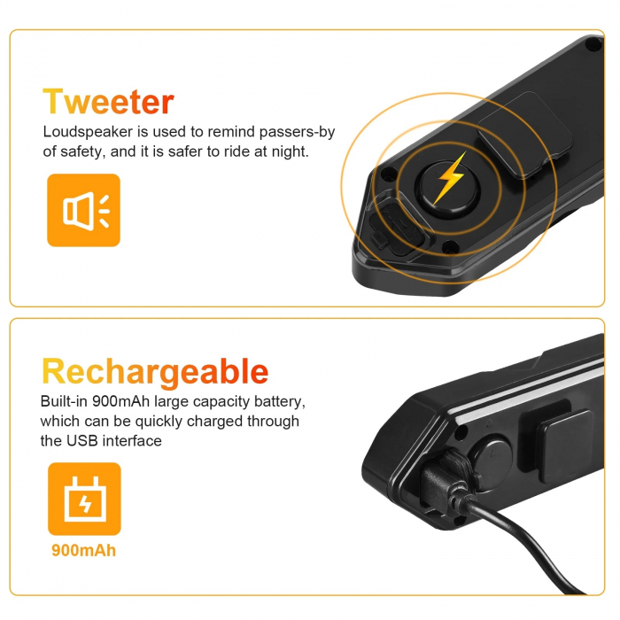 Set semnalizator Bicicleta, Incluse claxon, Incarcare USB, 5 moduri de lumina, IP65 Rezistent la Apa si Praf, Usor de Instalat - Negru [5]