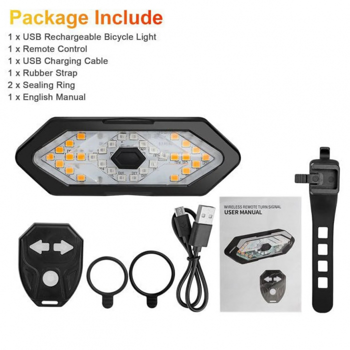 Set semnalizator Bicicleta, Incluse claxon, Incarcare USB, 5 moduri de lumina, IP65 Rezistent la Apa si Praf, Usor de Instalat - Negru [2]