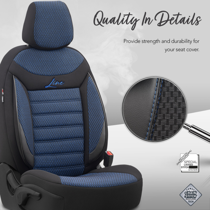 Set huse scaune auto textil cu piele ecologica LINE Design - Neagra cu cusatura albastra, pentru scaune fata si spate [10]