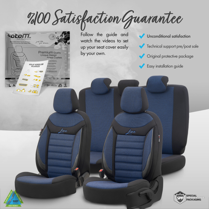 Set huse scaune auto textil cu piele ecologica LINE Design - Neagra cu cusatura albastra, pentru scaune fata si spate [4]