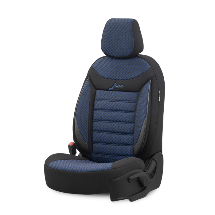 Set huse scaune auto textil cu piele ecologica LINE Design - Neagra cu cusatura albastra, pentru scaune fata si spate [5]