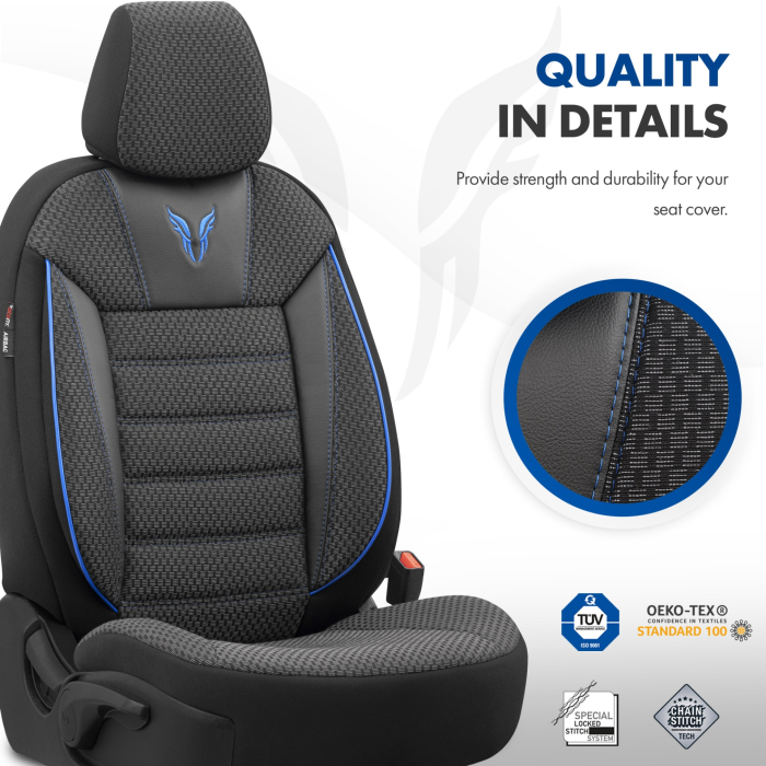 Set huse scaune  textil cu piele ecologica TORO Design - Neagra cu cusatura albastra, pentru scaune fata si spate [5]