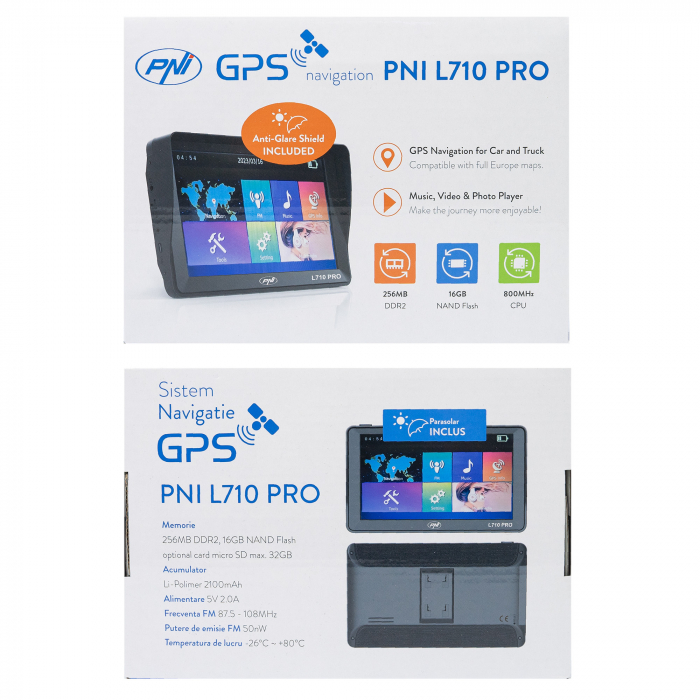 Sistem de navigatie GPS PNI L710 PRO cu parasolar, 7 inch, 800 MHz, 256MB DDR, 16GB memorie interna, FM transmitter, cu doua alimentatoare auto incluse [3]
