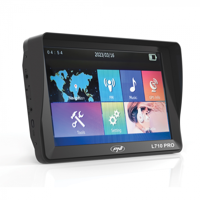 Sistem de navigatie GPS PNI L710 PRO cu parasolar, 7 inch, 800 MHz, 256MB DDR, 16GB memorie interna, FM transmitter, cu doua alimentatoare auto incluse [1]