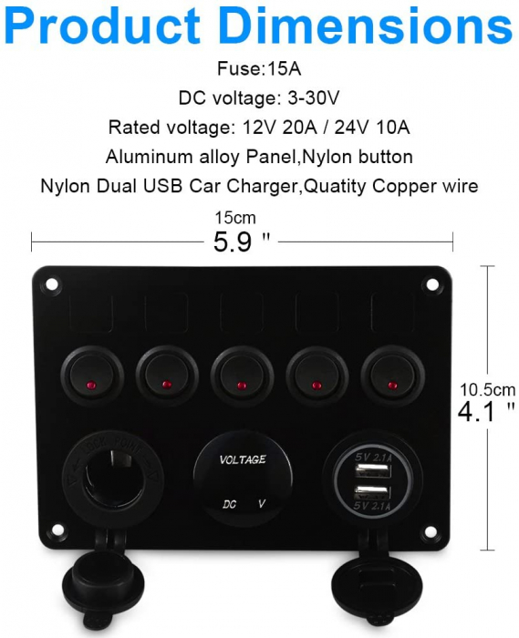 Panou intrerupatore  Priza, Voltmetru, 5 Intrerupatoare si USB  12V 20A [2]