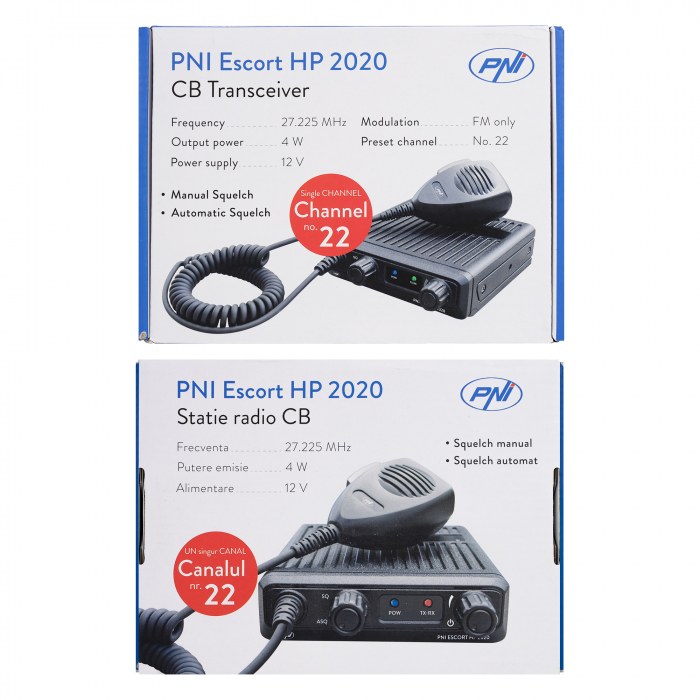 Statie radio CB PNI Escort HP 2020 un singur canal 22 frecventa 27.225 MHz, fara zgomot, probabil cea mai silentioasa statie. [13]