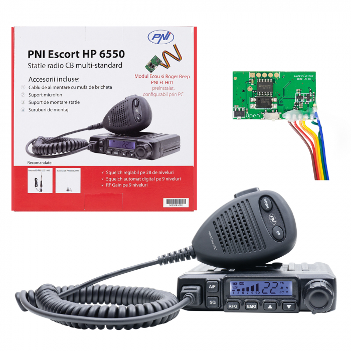 Statie radio CB PNI Escort HP 6550 cu PNI ECH01 instalat, multistandard, 4W, AM-FM, 12V, ASQ, cu modul de ecou [10]