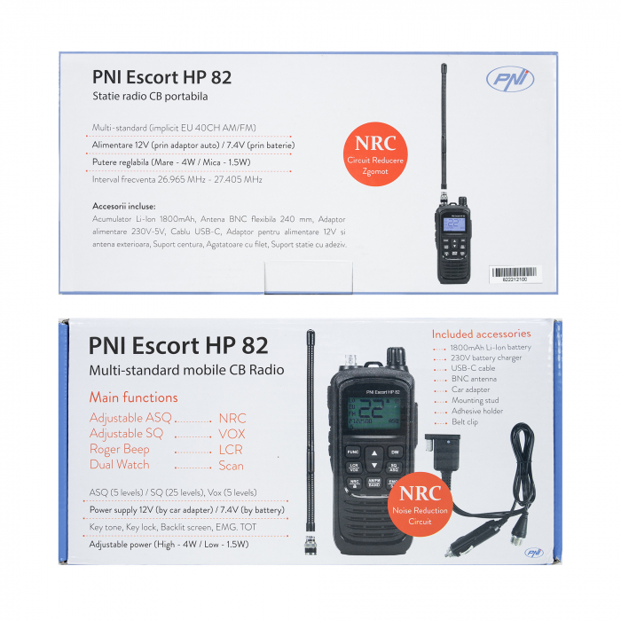 Statie radio CB portabila PNI Escort HP 82, multi standard, 4W, 12V, AM-FM, NRC, Dual Watch, Roger Beep, ASQ SQ reglabil, VOX [20]