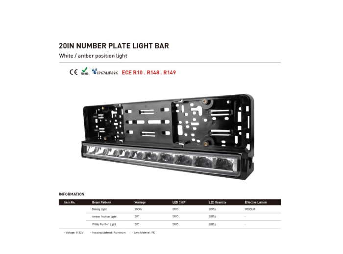 Suport numar de înmatriculare cu bară LED încorporată, 20" 51cm, 12v 24v, lumină de poziție DRL albă și portocalie [3]