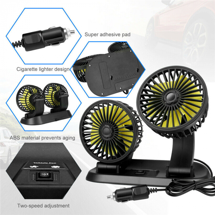 Ventilator dublu pentru masina, rotire 360 grade, 10W, 2 trepte de viteza si stickere pentru numar de telefon - 12V [3]