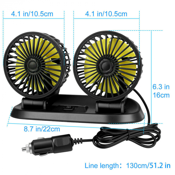 Ventilator dublu pentru masina, rotire 360 grade, 10W, 2 trepte de viteza si stickere pentru numar de telefon - 12V [2]