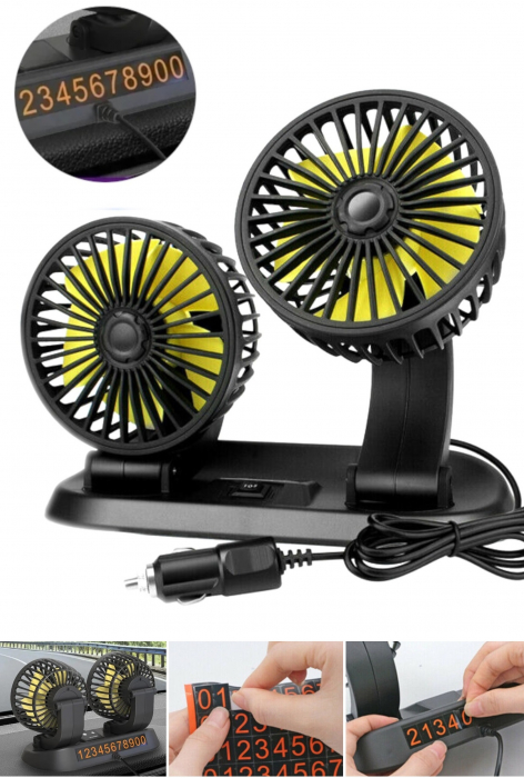 Ventilator dublu pentru masina, rotire 360 grade, 10W, 2 trepte de viteza si stickere pentru numar de telefon - 12V [1]