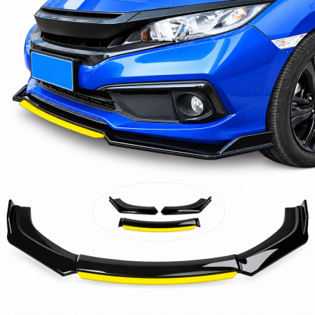 Prelungire bara -spoiler - Prelungire Bara Fata Universala, Lip Spoiler Splitter Auto din 4 Piese, Plastic ABS, Negru cu Galben, 180 cm