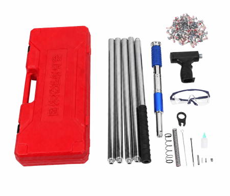 Pistol manual pentru batut cuie in beton si otel, putere reglabila, tije de extensie, cuie 27-55 mm, set complet cu 100 cuie si cutie [1]