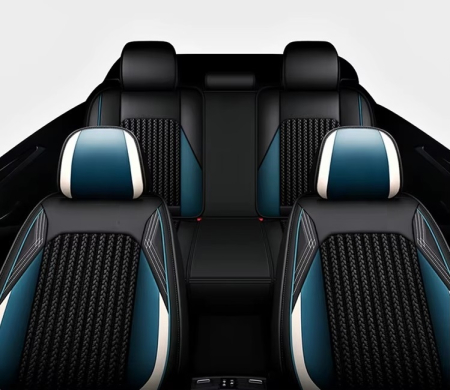 Accesorii pentru interior - Set Huse Auto universale lux din piele ecologica cu material textil, negru cu accent alb si albastru pentru scaune fata si spate