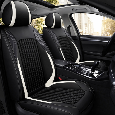 Set Huse Auto universale lux din piele ecologica cu material textil, negru si alb pentru scaune fata si spate [2]
