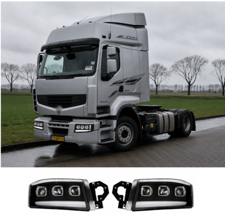 Accesorii Camioane - Set faruri LED  Renault Premium 24V – DRL Alb + Portocaliu, Startup Effect stanga + dreapta cu 3 lupe