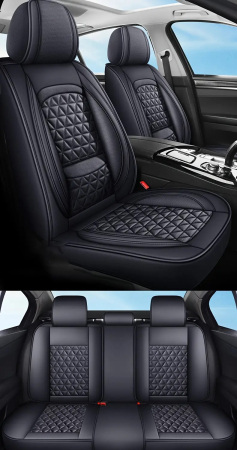 Set Huse Auto universale luxoase din piele ecologica, negru cu suport lombar integrat pentru scaune fata si spate [1]