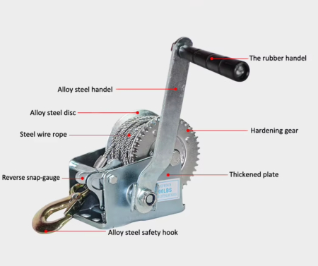 Troliu manual 450 kg (1000 lbs) cu cablu din otel 8 m si frana automata [5]