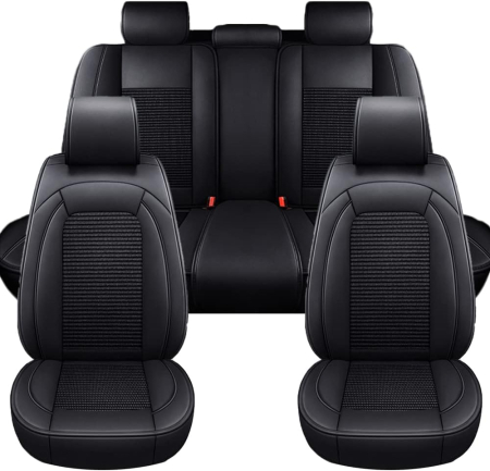 Accesorii pentru interior - Set Huse Auto universale lux din piele ecologica cu material textil, negru pentru scaune fata si spate