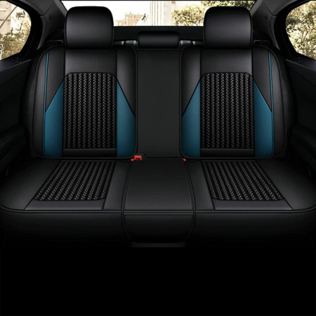 Set Huse Auto universale lux din piele ecologica cu material textil, negru cu accent alb si albastru pentru scaune fata si spate [3]