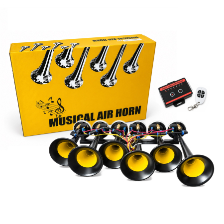 Claxoane Auto - Claxon Muzical Pneumatic Basuri cu 6 Trompete, 20 Melodii, 12V/24V si Telecomanda Wireless